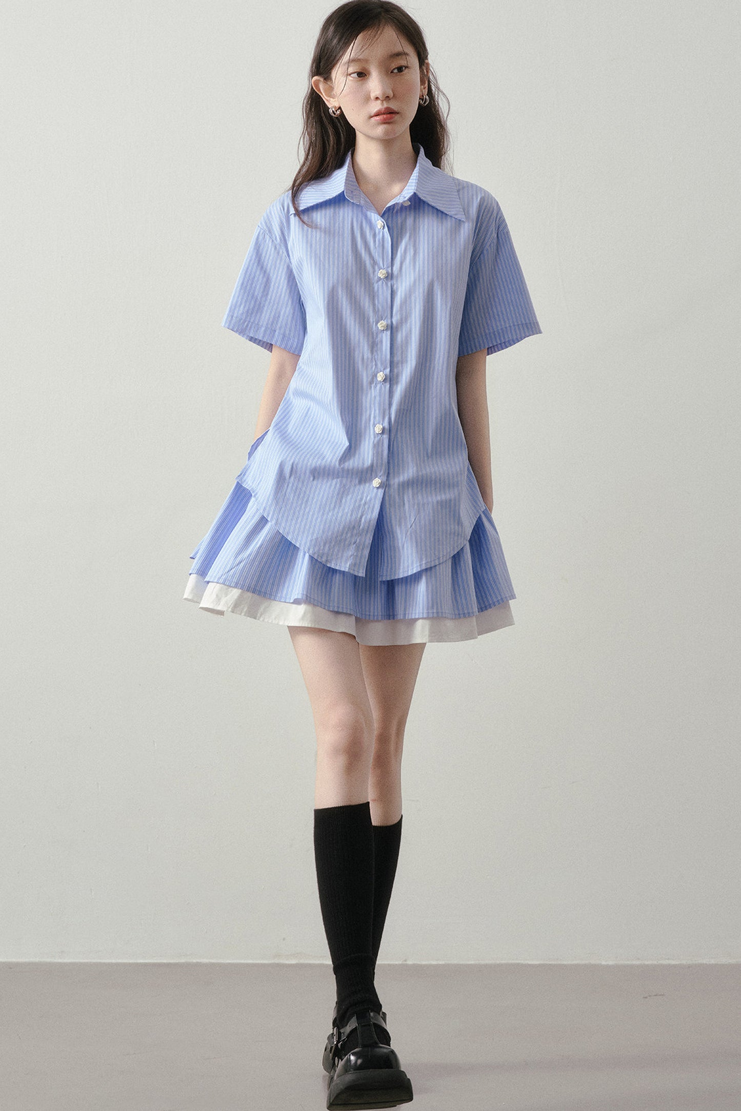 Blue White Striped Shirt and Pleated Skirt Set