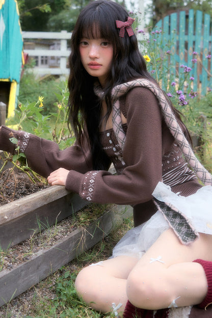 Brown Fair Isle Knit Tube Top and Cardigan Set-Up