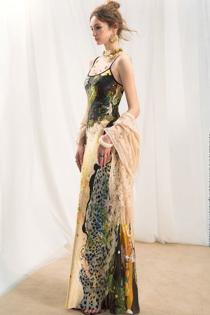 Jungle Leopard Stitch Floral Print Slip Dress Set-Up