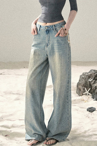 American-Style Rhinestone Wide-Leg Jeans
