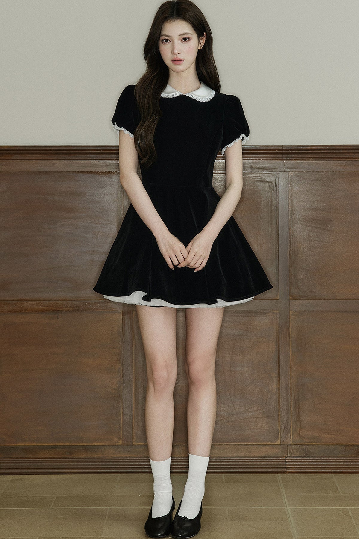 Lace Collar Velvet Puff Sleeve Dress