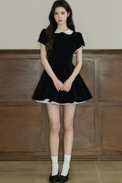 Lace Collar Velvet Puff Sleeve Dress