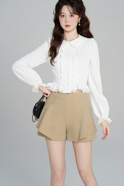 Ruffled Doll Collar Blouse And Shorts Set-Up