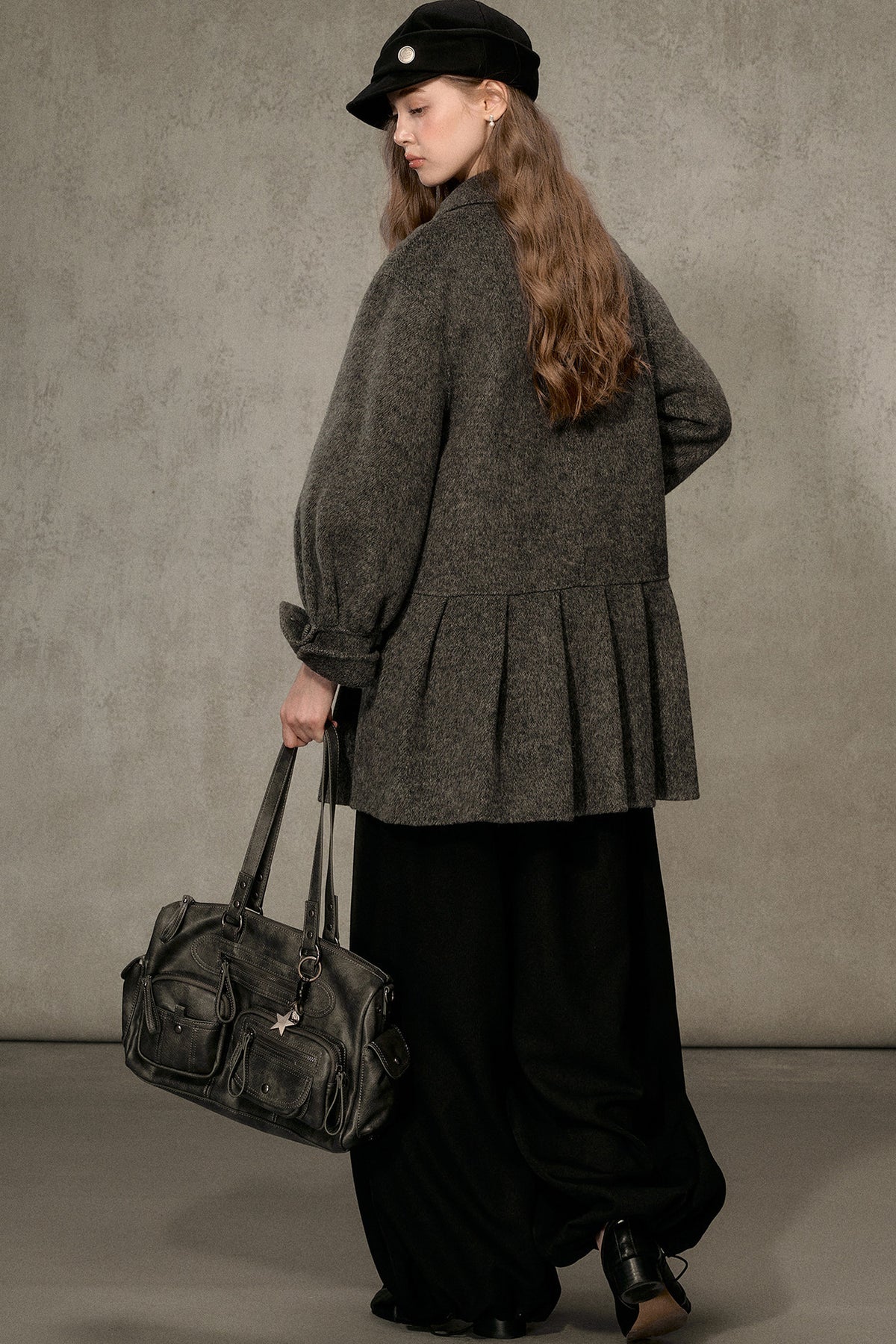 70% Wool Blend Double-Sided Pleated Coat