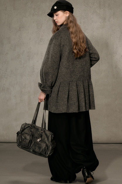 70% Wool Blend Double-Sided Pleated Coat