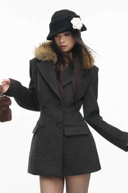 Fur Collar Double-Breasted Wool Coat