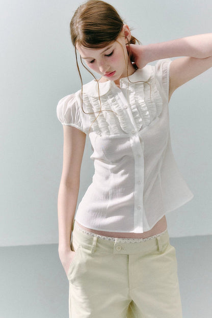 White Acetate Linen Ruffle Blouse