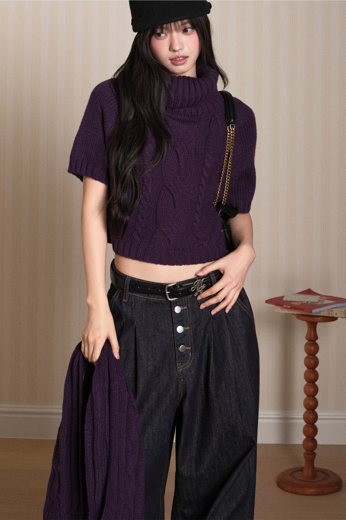 Short Sleeve Scarf Layered Knit Sweater