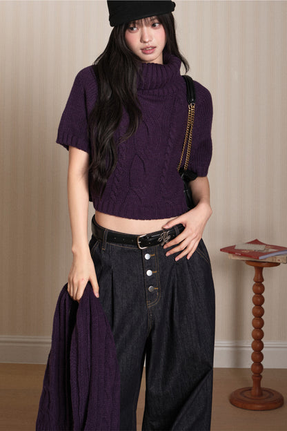 Short Sleeve Scarf Layered Knit Sweater