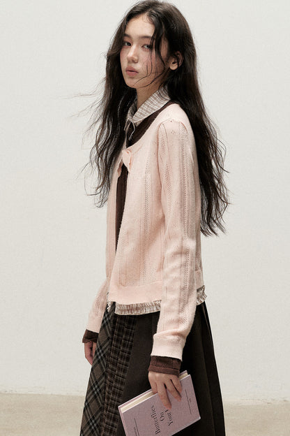 Plaid Collar Layered-Look Knit Top