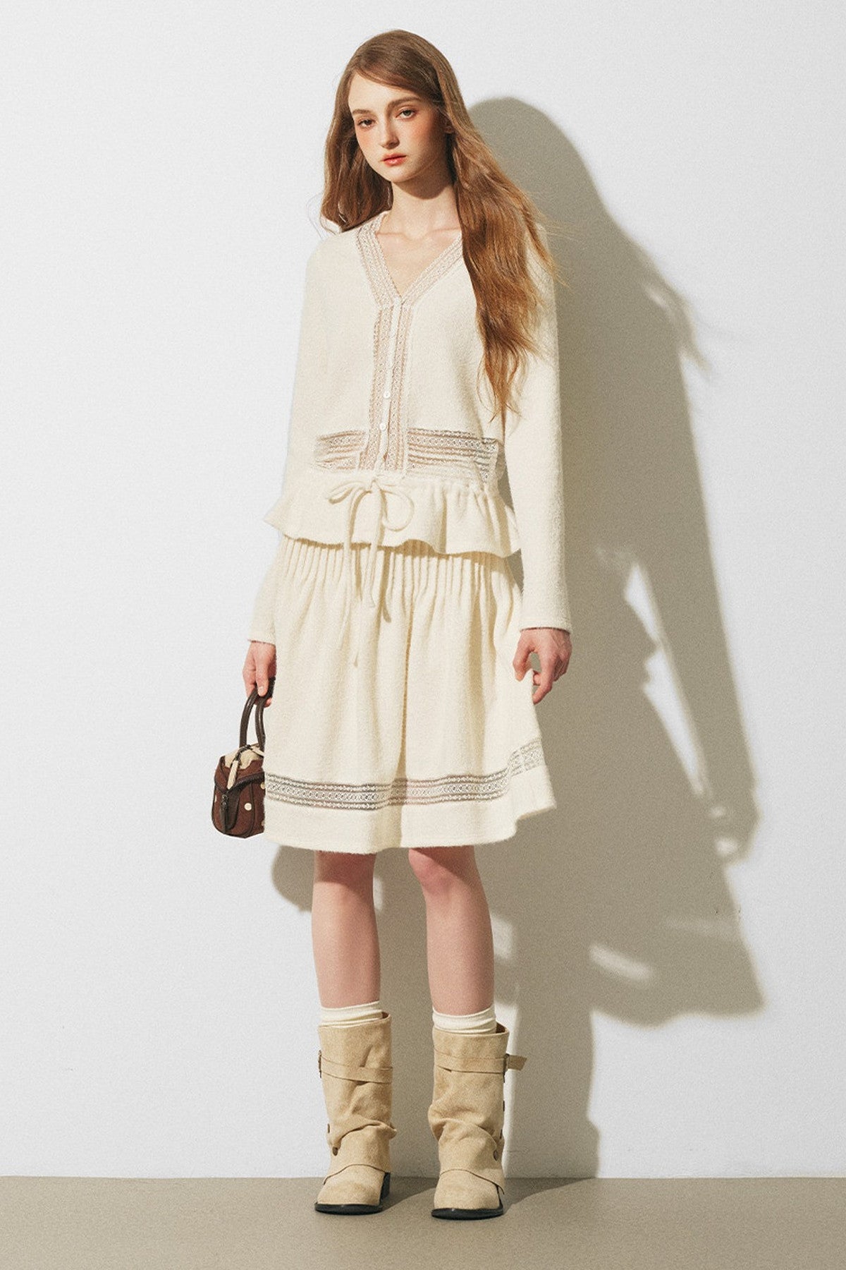 Lace Spliced Knit Cardigan and Skirt Set-Up