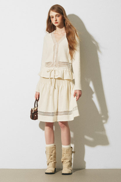 Lace Spliced Knit Cardigan and Skirt Set-Up