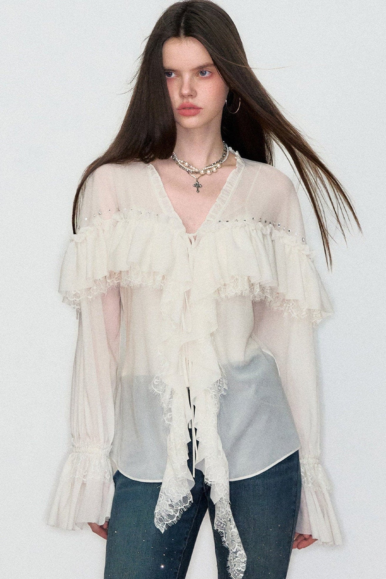 Rhinestone Lace V-Neck Blouse