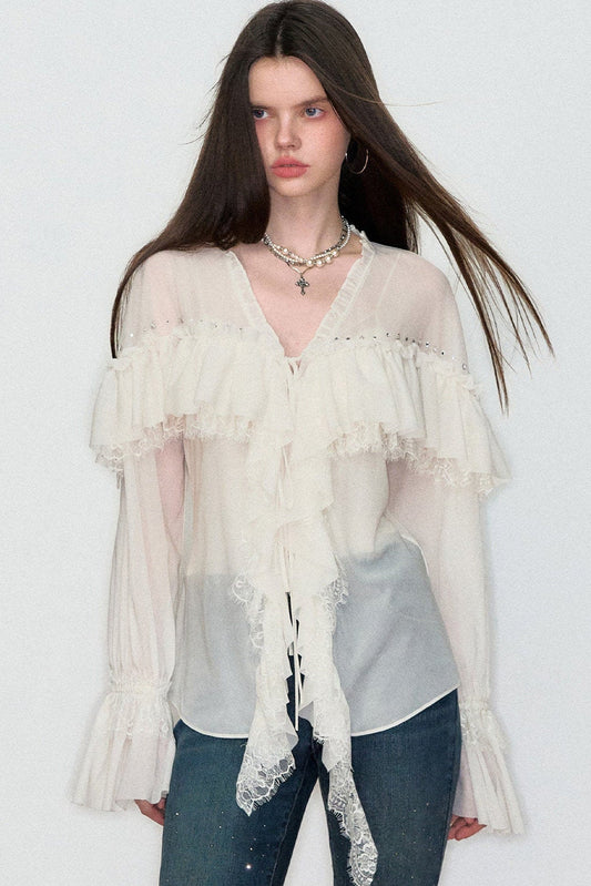 Rhinestone Lace V-Neck Blouse