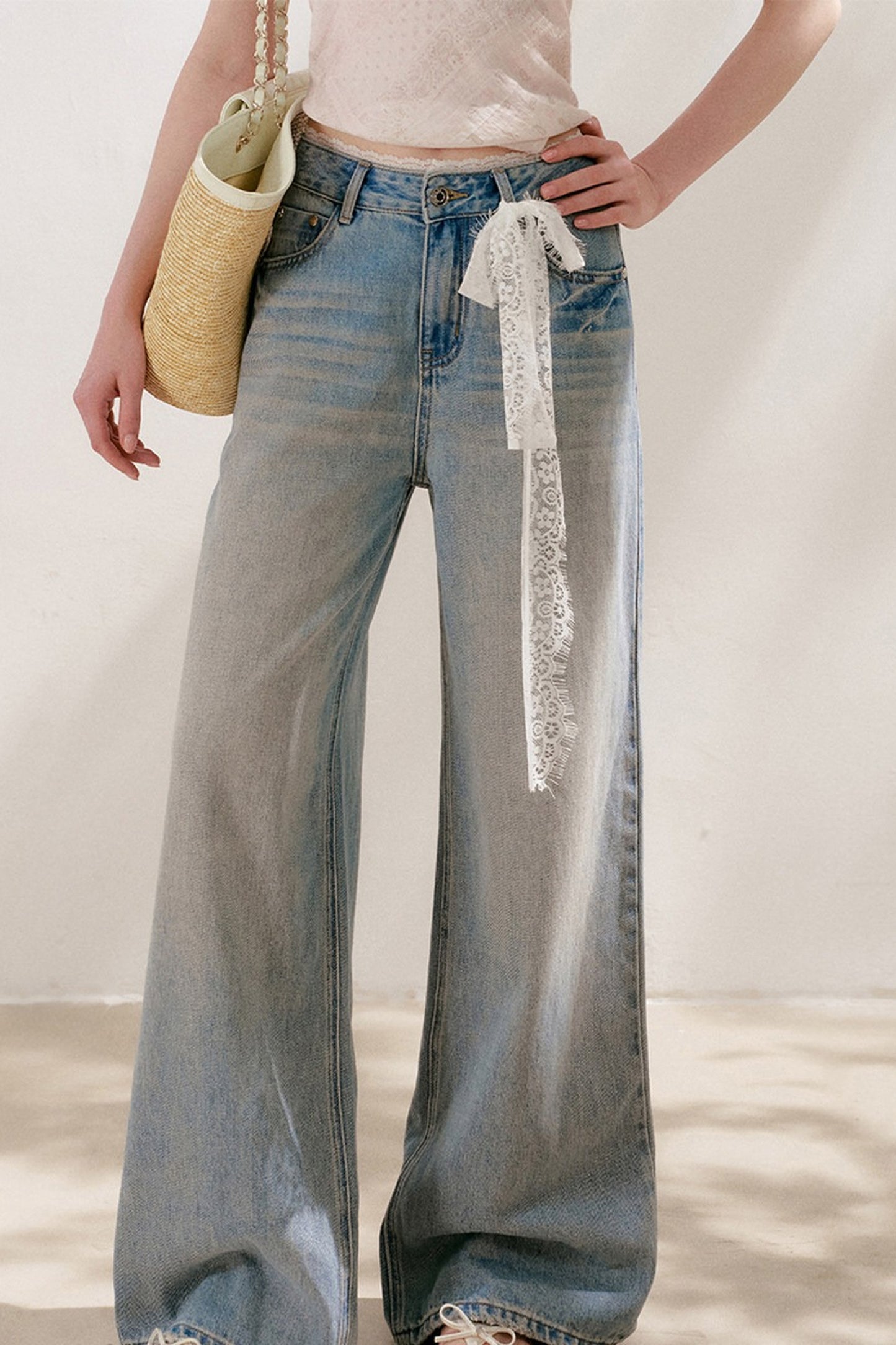 Lace Tie-Up Wide-Leg Jeans