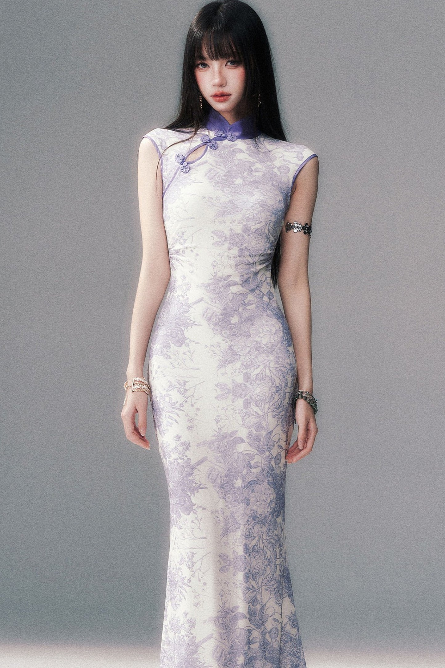 Stretch Mesh Printed Cheongsam Dress