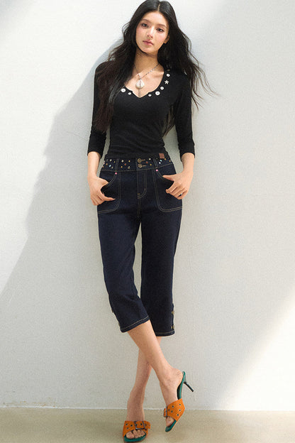 V-Neck Button Knit Top