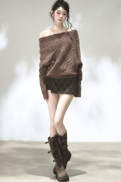 Diagonal Cable Knit Off-Shoulder Sweater