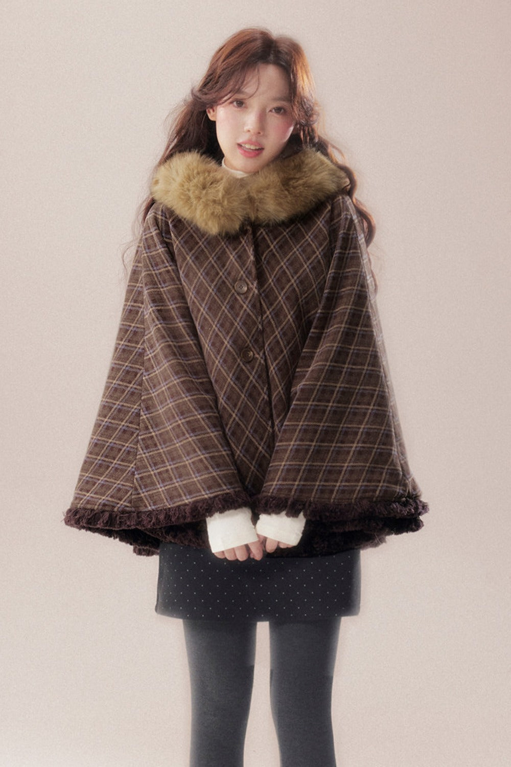 Plaid Fur Collar Hooded Shawl Cape