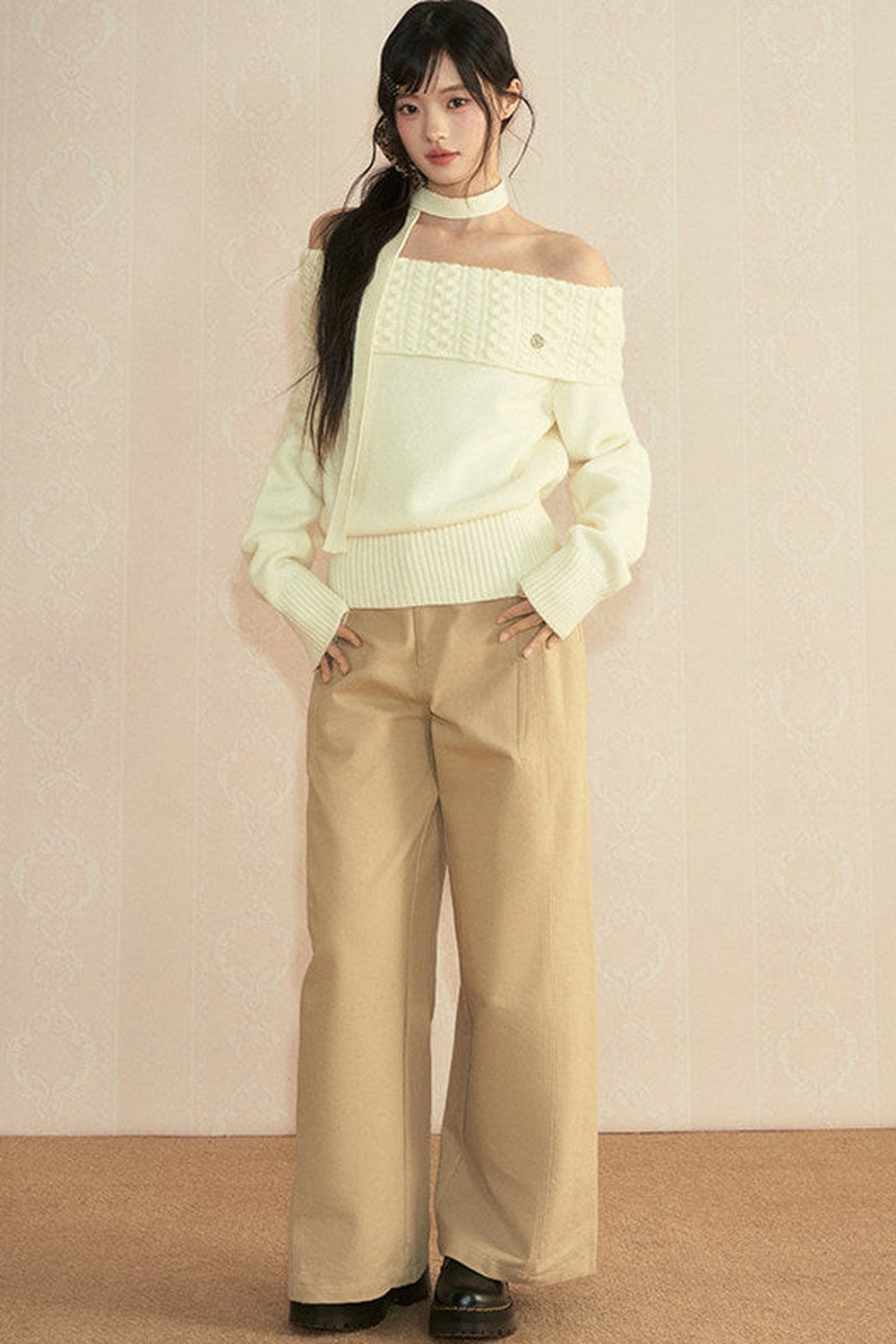 Off-Shoulder Long Sleeve Knit Top