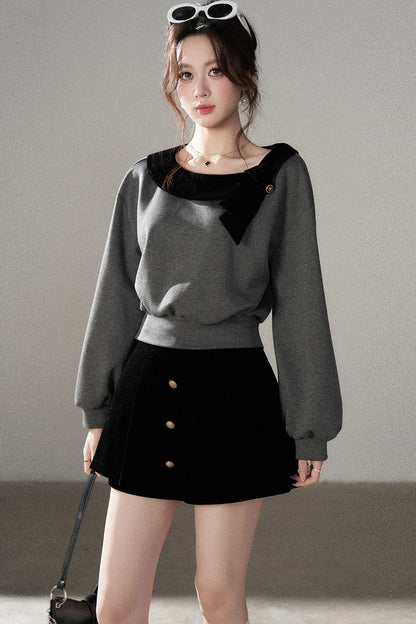 Gray Pullover Sweatshirt and Black Skirt Set-Up