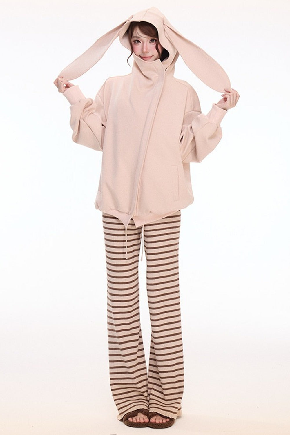 Hooded Sweatshirt Jacket Lace Camisole Knitted Striped Pants Set-Up