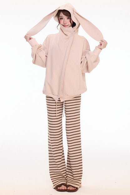Hooded Sweatshirt Jacket Lace Camisole Knitted Striped Pants Set-Up