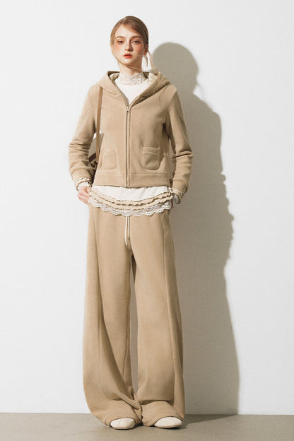 Oatmeal Fleece Hooded Sweatshirt Jacket and Wide-Leg Pants Set-Up