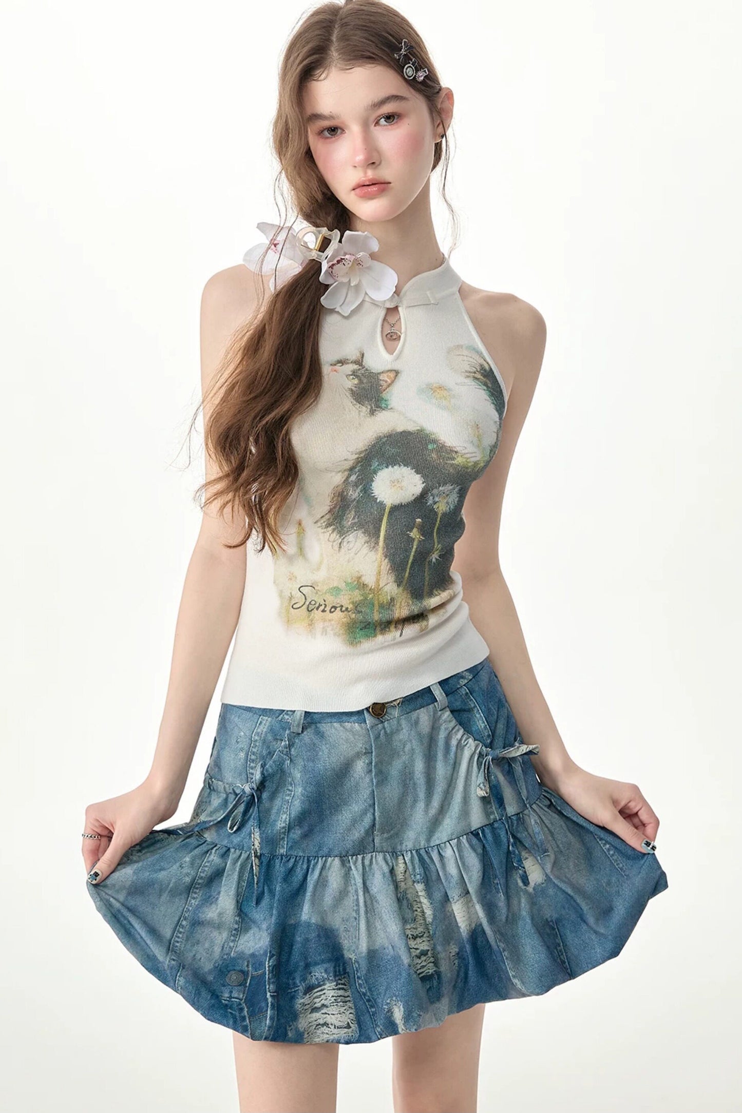 White Knit Cat Print Halter Top