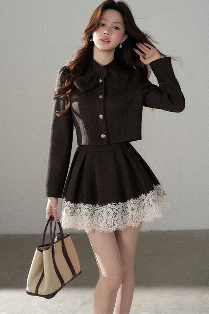 Coffee Lace Splicing Jacket and Skirt Set-Up