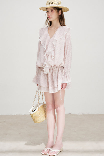 Floral Ruffle V-Neck Long-Sleeve Dress
