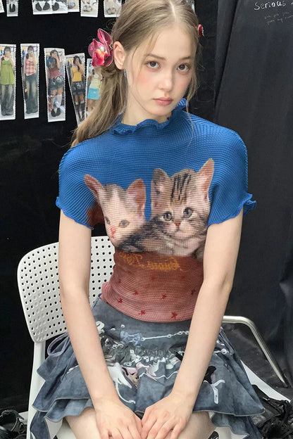Blusa a blocchi di colore con stampa di gatti