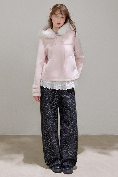 Lace Trim Fur Collar Hooded Coat