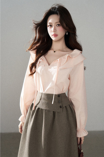 Pink Ruffle Collar Long-Sleeved Top and Skirt Set-Up