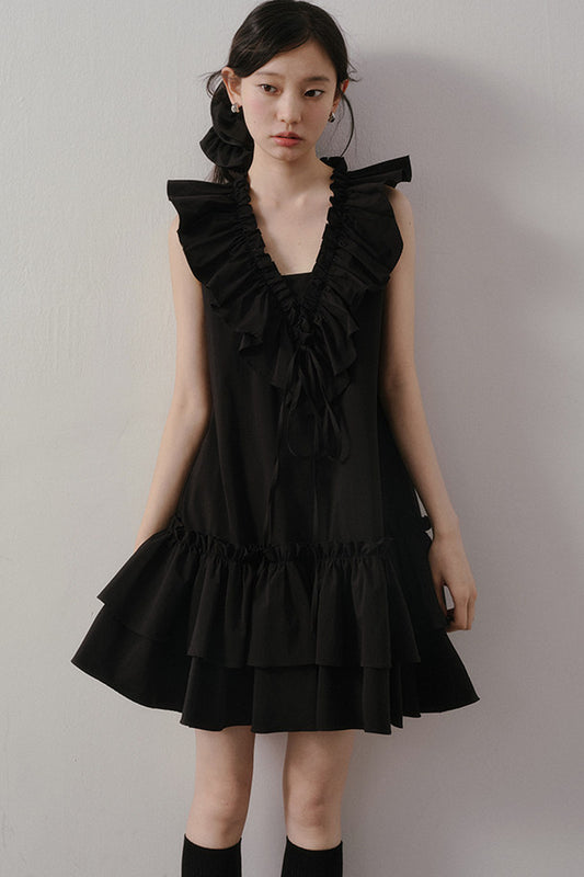 Ruffle V-Neck Tie Sleeveless Black Dress