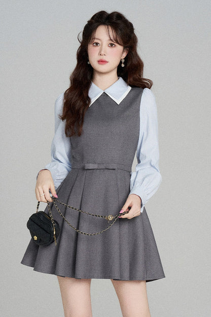 Gray Long-Sleeved A-Line Full Skirt Dress