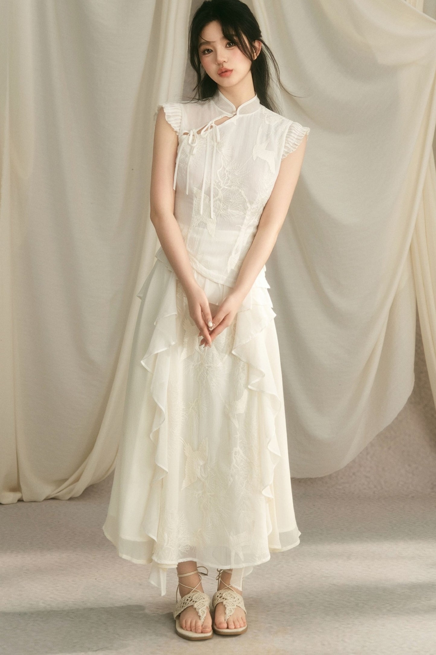Embroidered Cheongsam Top and Ruffled Skirt Set-Up