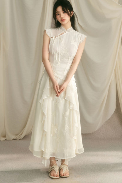 Embroidered Cheongsam Top and Ruffled Skirt Set-Up