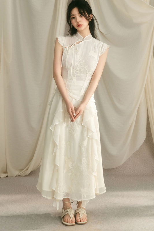 Embroidered Cheongsam Top and Ruffled Skirt Set-Up