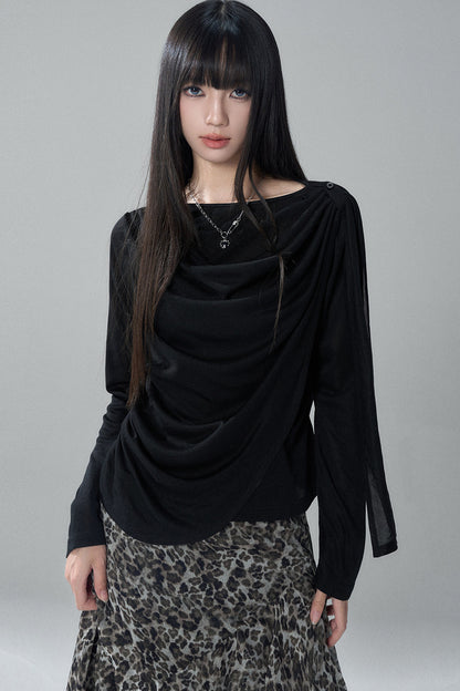 Black Long-Sleeve Shawl Collar Top