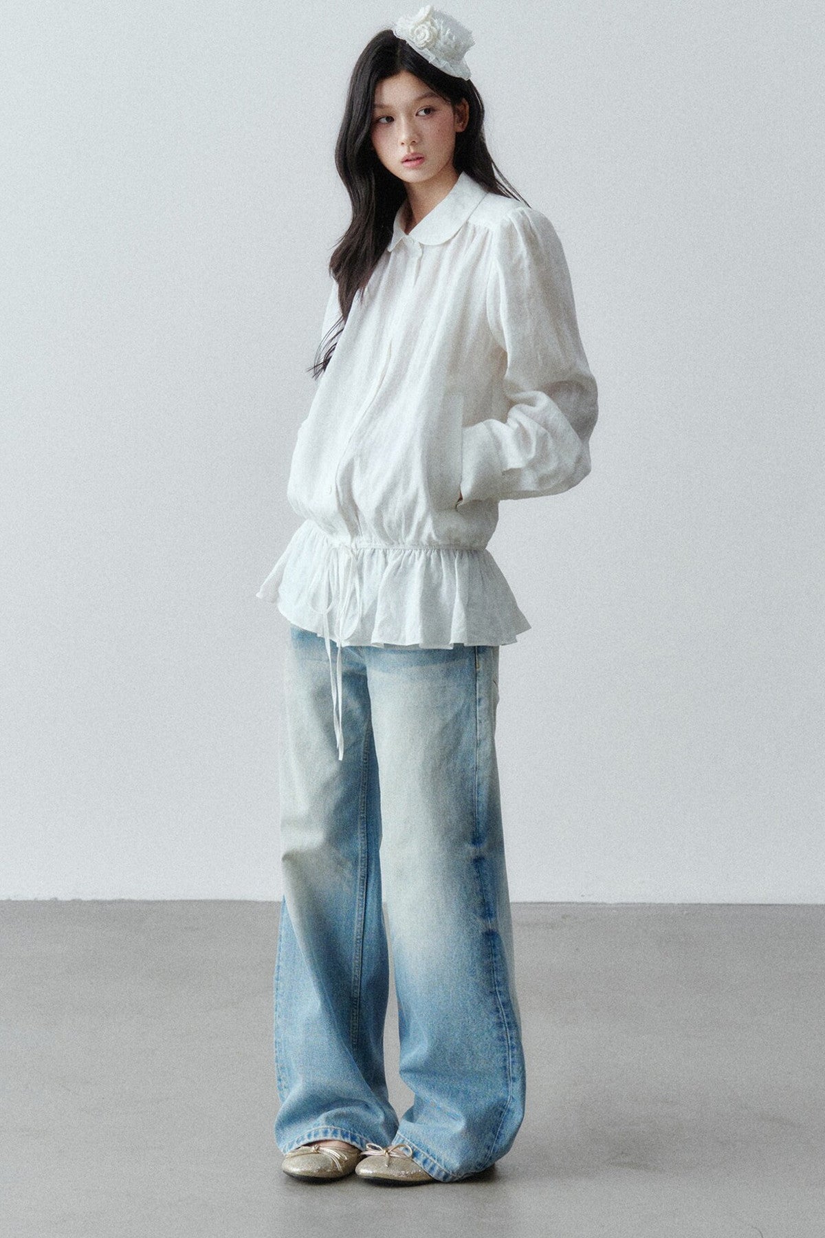 Low-Waist Ruffle Linen Shirt