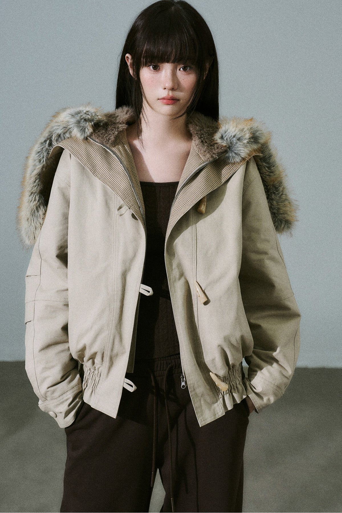 Horn Button Plaid Fur Collar Jacket