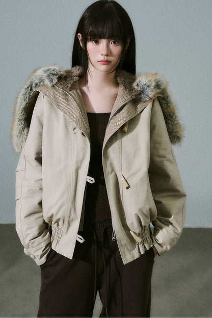 Horn Button Plaid Fur Collar Jacket