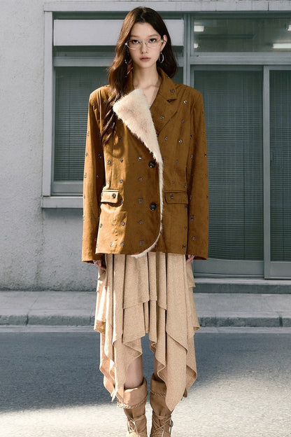 Beaded Suede Detachable Fur Collar Jacket