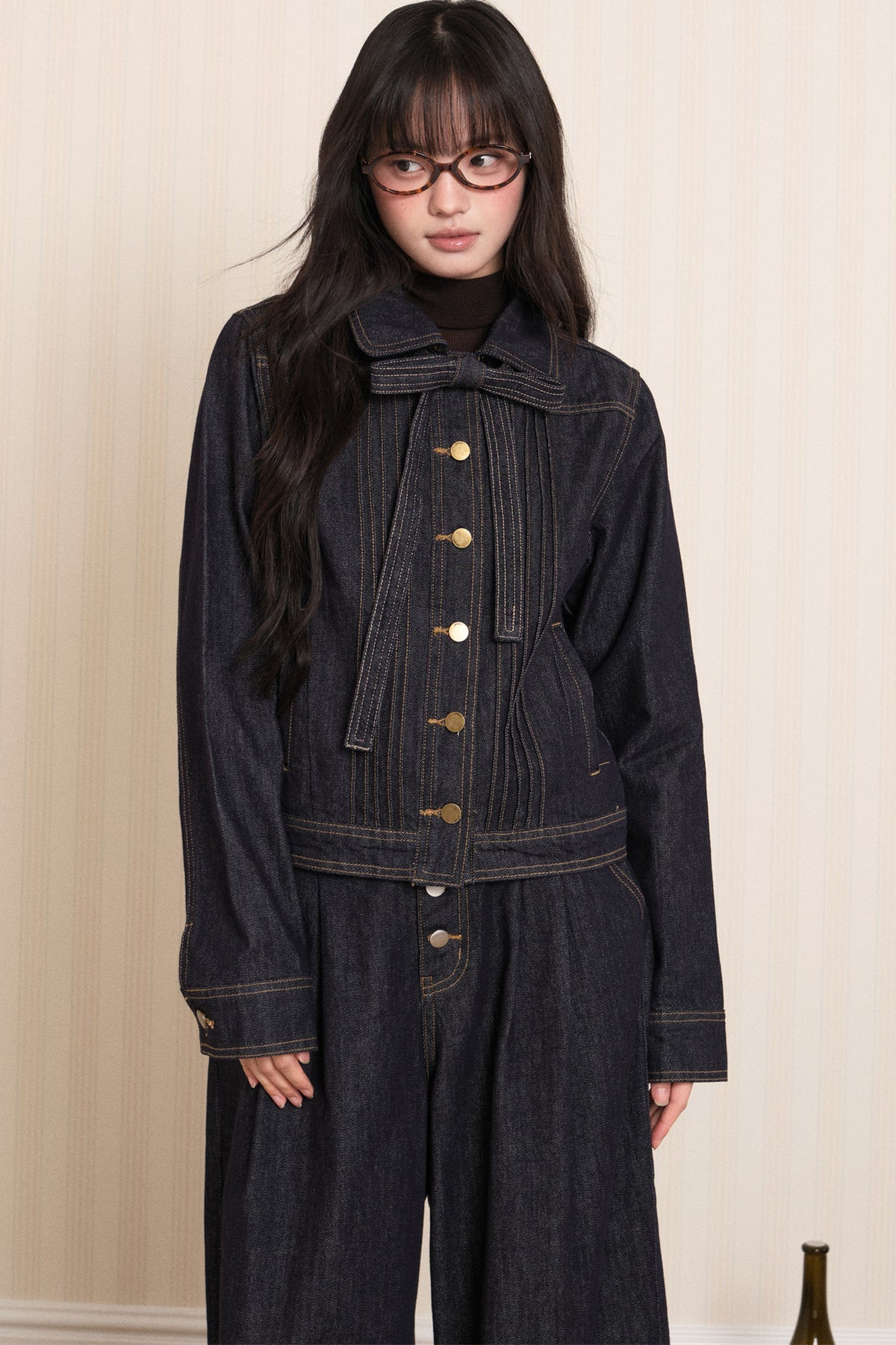Washed Denim Lapel Tie Jacket