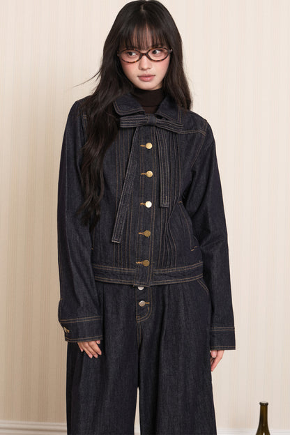 Washed Denim Lapel Tie Jacket