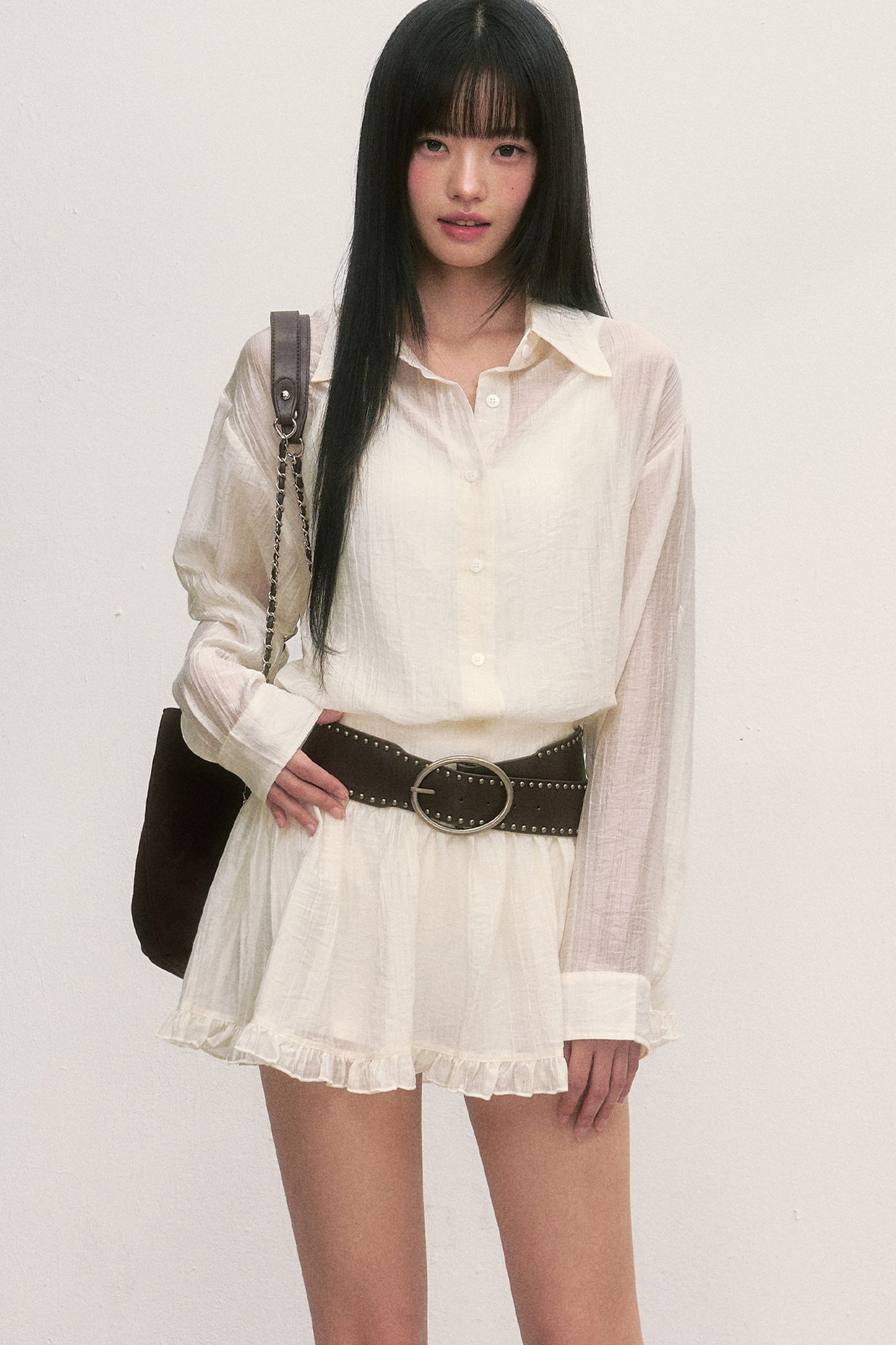 White Long-Sleeved Shirt And Skirt Set