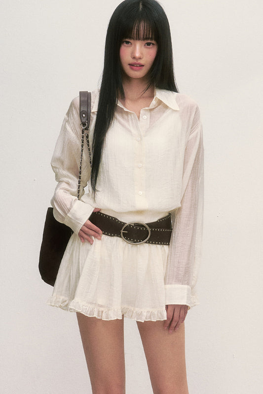White Long-Sleeved Shirt And Skirt Set