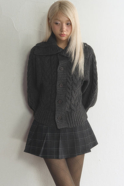 Large Lapel Cable Knit Cardigan and Skirt Set-Up
