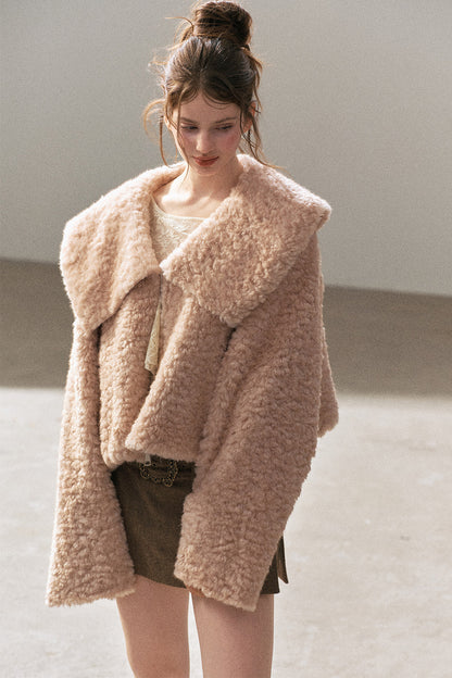 Large Lapel Textured Faux Fur Teddy Jacket